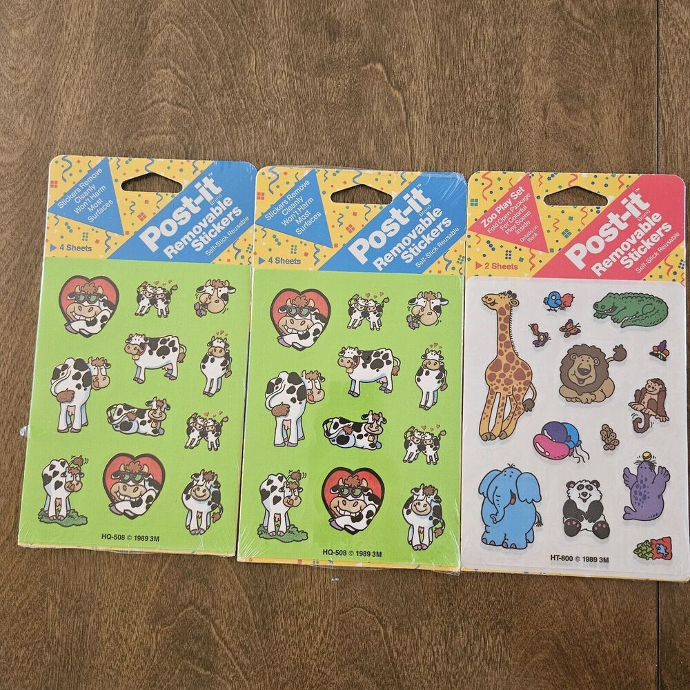 Vtg 3M Post-It Cows Animals Removable Stickers NOS Sealed Zoo 1989 Giraffe Panda
